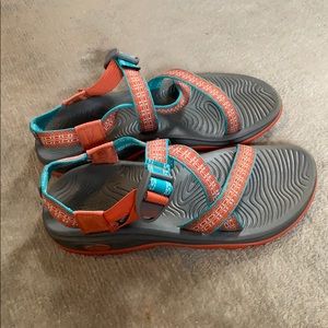 Orange and teal chacos